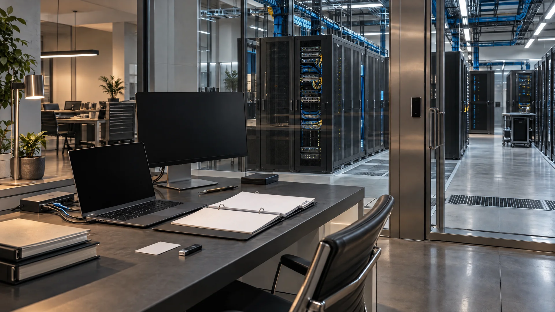 Conceptual workplace connected by managed cabling to secured compute and secondary infrastructure, with operational records in the foreground.